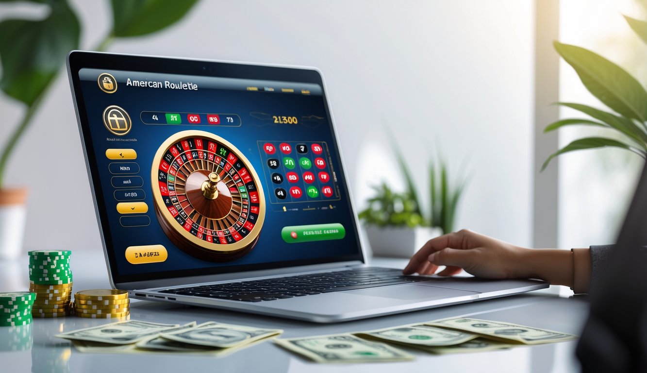 Sebuah meja kerja dengan komputer menampilkan permainan roulette Amerika online dengan roda roulette berwarna merah, hitam, dan hijau serta uang rupiah di sampingnya.