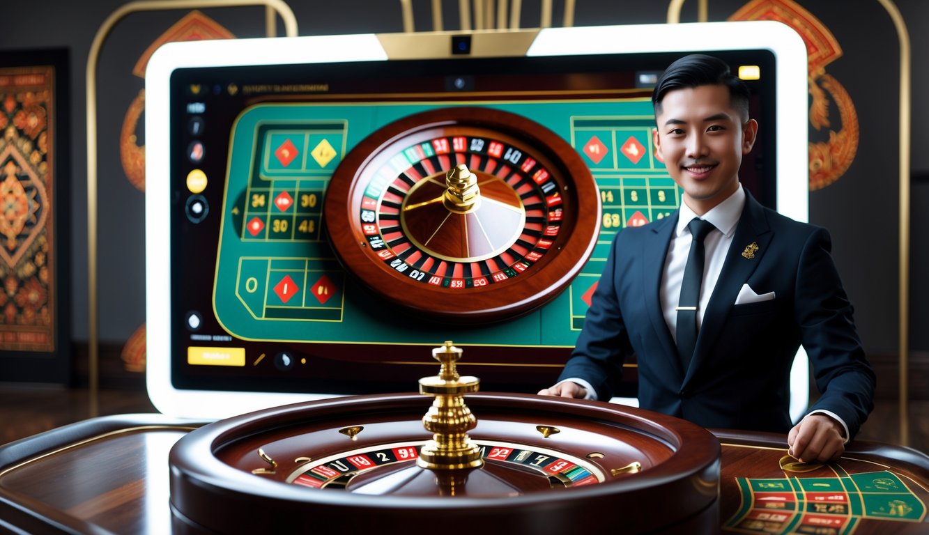 Seorang dealer profesional duduk di depan meja roulette Amerika online dengan latar studio yang elegan dan elemen budaya Indonesia.