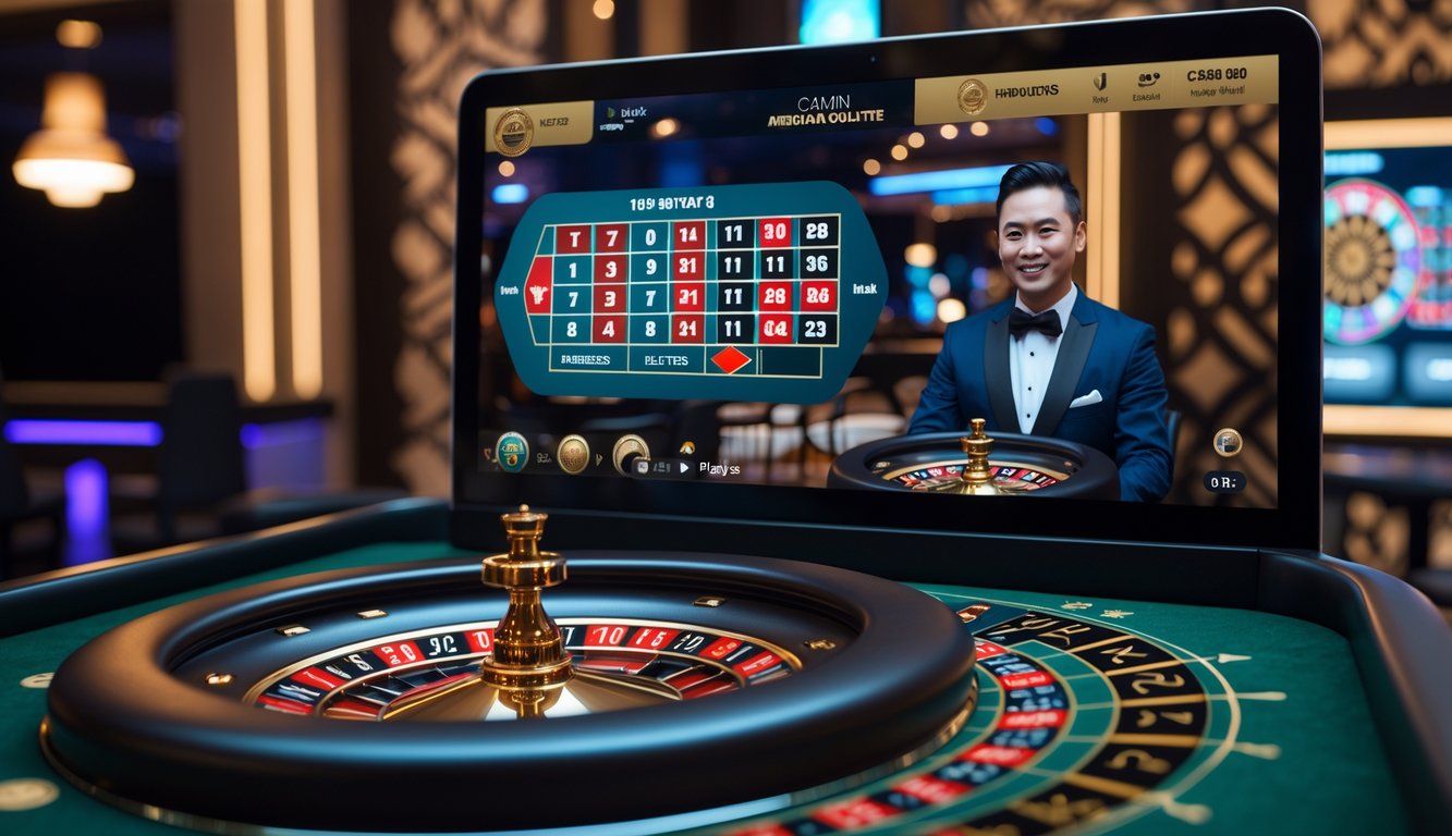 Seorang dealer profesional sedang memandu permainan American Roulette online di depan layar komputer dengan latar belakang kasino modern yang menampilkan elemen budaya Indonesia.