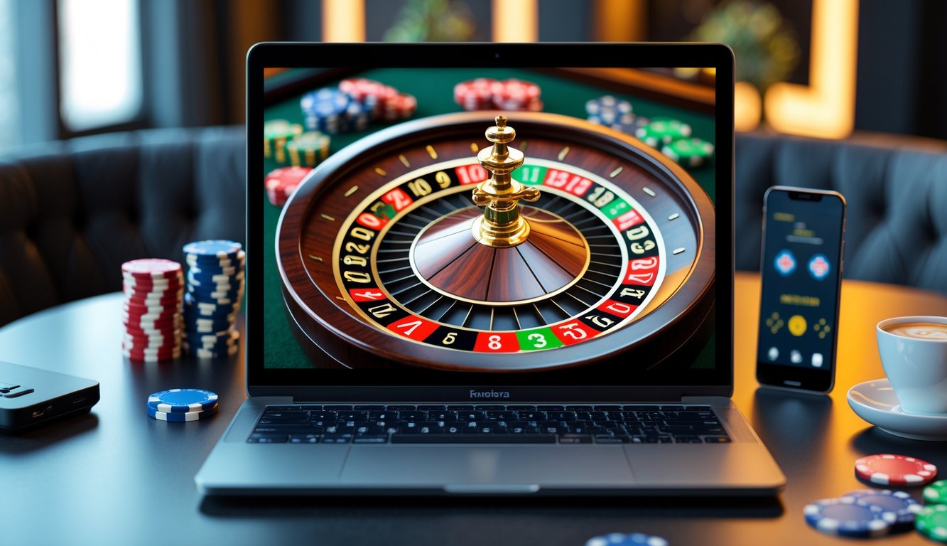Sebuah meja dengan komputer menampilkan roda roulette Amerika dan elemen terkait judi online di sekitarnya.