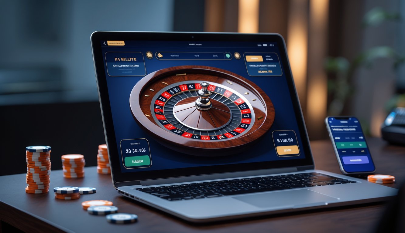 Seorang pemain menggunakan laptop dengan permainan American Roulette online yang menampilkan roda roulette dan chip taruhan di atas meja.