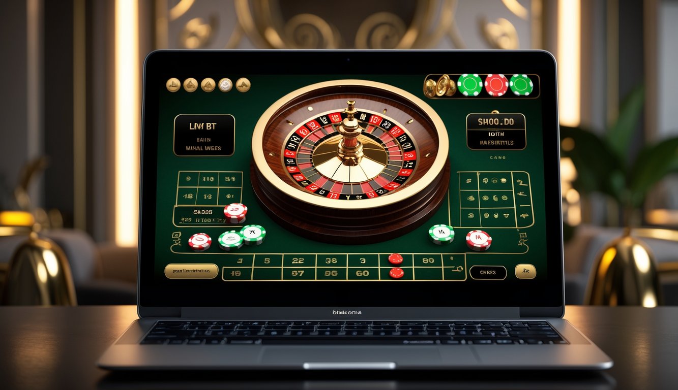 Layar laptop menampilkan permainan roulette Amerika online dengan roda roulette berwarna merah, hitam, dan hijau serta chip taruhan digital di berbagai angka.