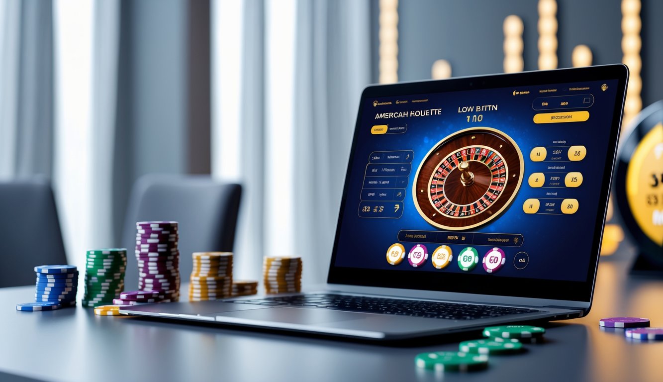 Seorang pengguna sedang bermain roulette Amerika secara online di laptop dengan chip poker dan tampilan jackpot di meja.