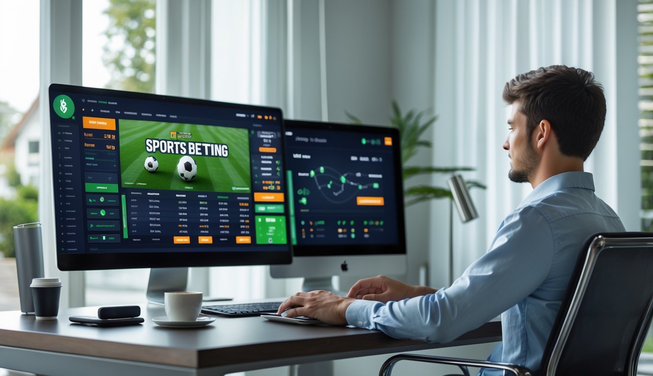 Seorang pria muda duduk di depan komputer di ruang kerja modern, fokus pada layar yang menampilkan grafik taruhan olahraga online.