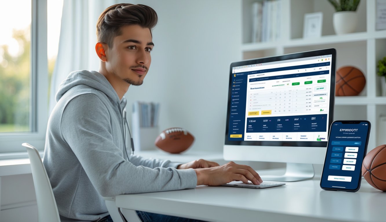 Seorang dewasa muda duduk di meja dengan laptop, menggunakan situs taruhan olahraga online di ruang kerja rumah yang terang dan rapi.