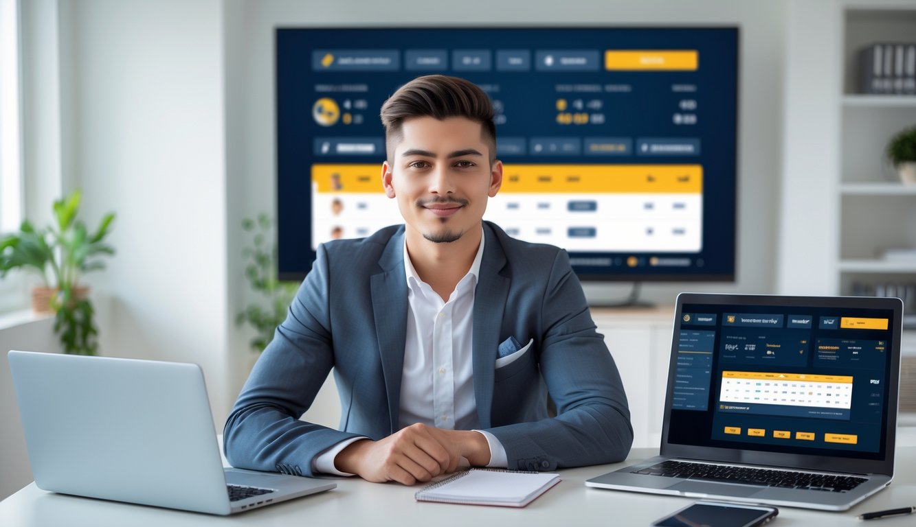 Seorang pria muda duduk di meja kerja dengan perangkat digital yang menampilkan statistik dan taruhan olahraga online di ruang kerja yang terang dan rapi.