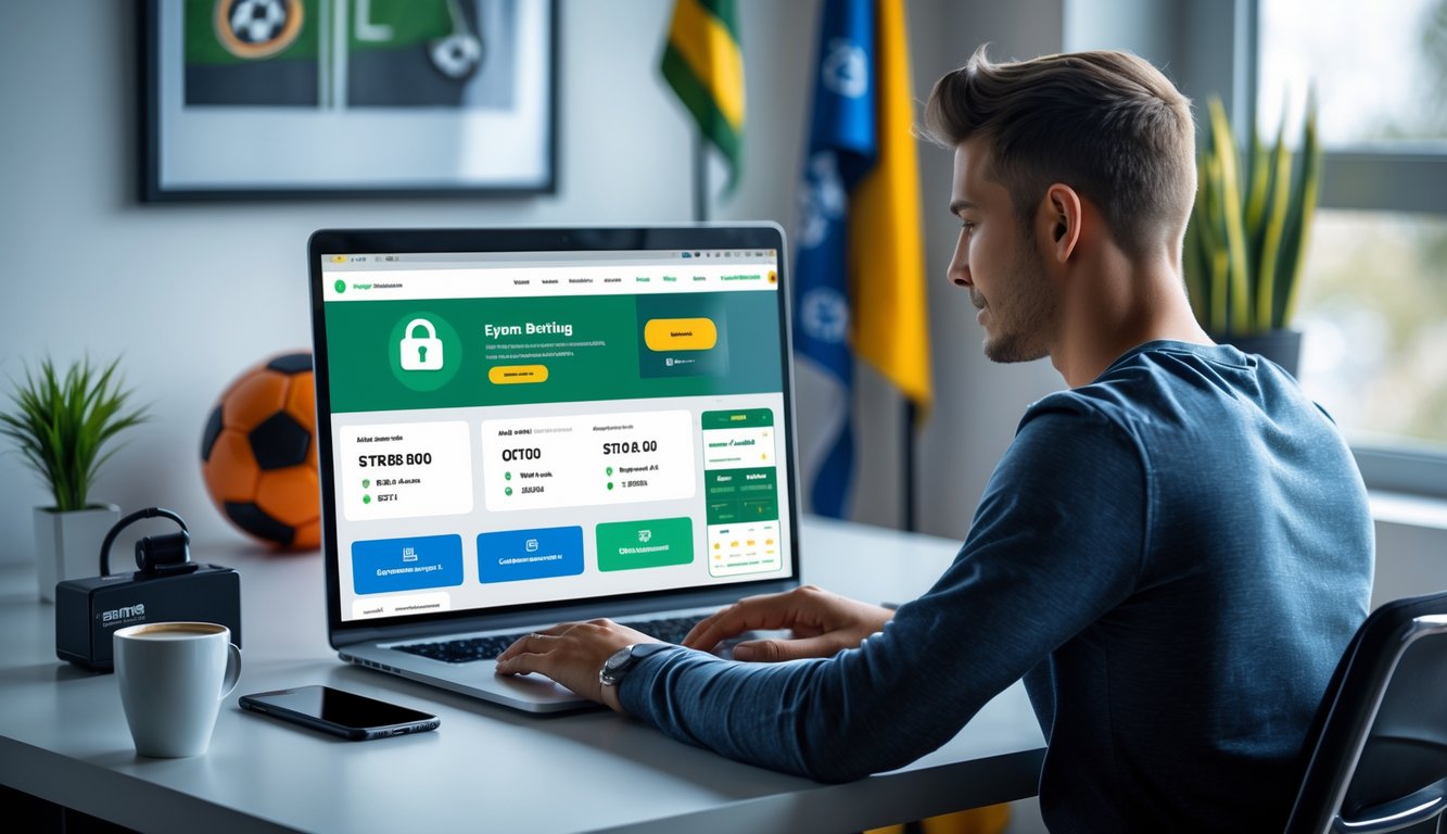 Seorang pria muda duduk di meja dengan laptop yang menampilkan situs taruhan olahraga, di sekitarnya terdapat ponsel dengan notifikasi transaksi berhasil dan bola sepak di latar belakang.