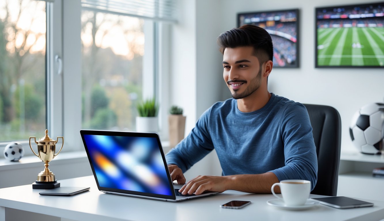 Seorang pria muda duduk di meja dengan laptop, terlihat fokus menggunakan platform taruhan bola online yang aman dan cepat bayar di ruang kerja yang terang dan rapi.