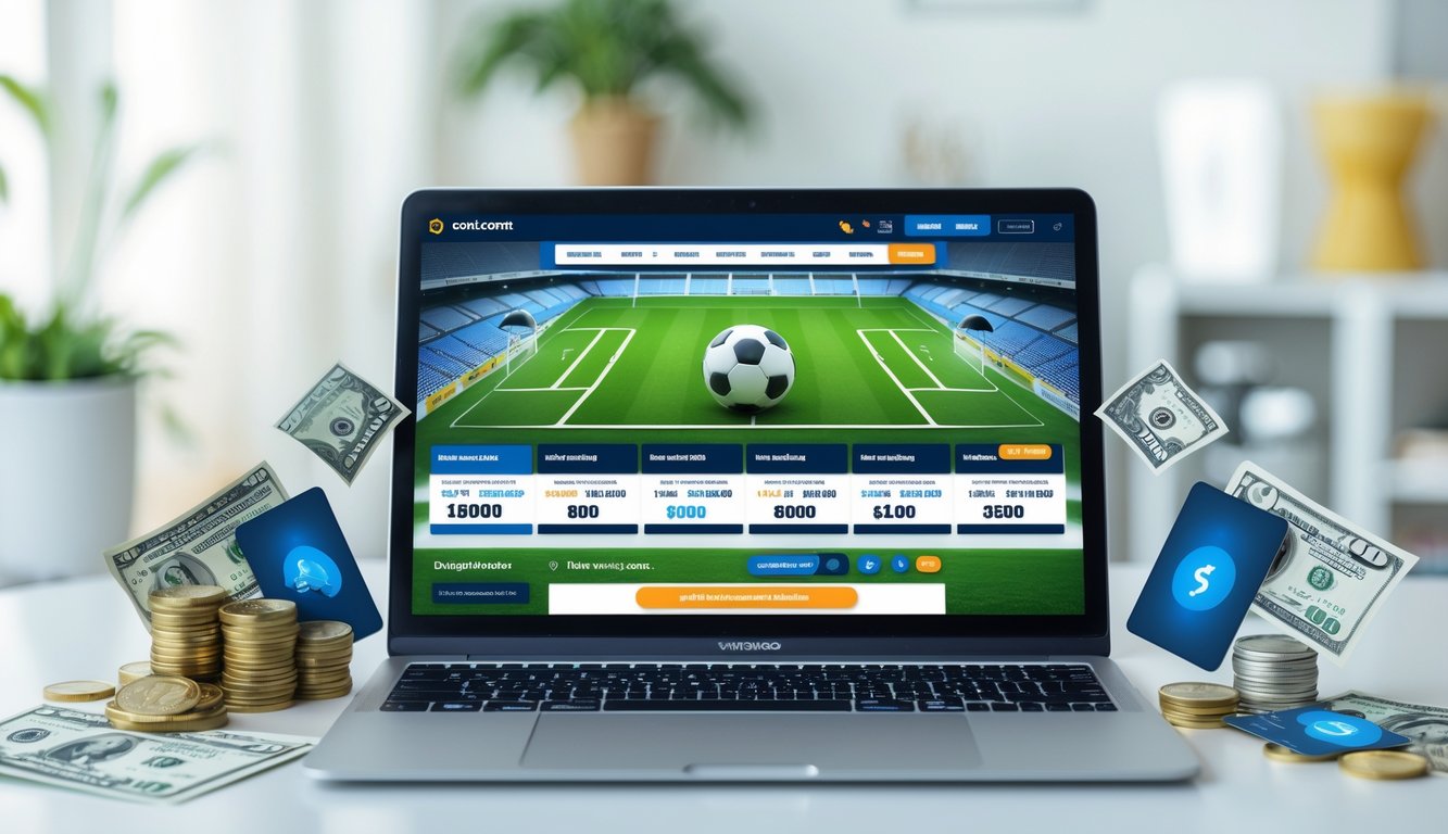 Seorang pengguna sedang melihat situs taruhan bola online di komputer dengan simbol pembayaran cepat dan setoran minimal rendah di meja kerja.