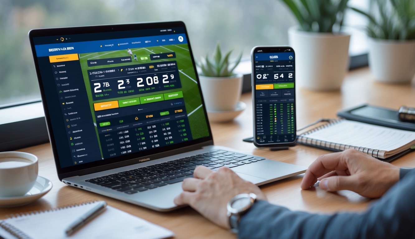Seorang pria menggunakan laptop dan ponsel di meja kerja dengan tampilan situs taruhan bola online, suasana tenang dengan cahaya alami.