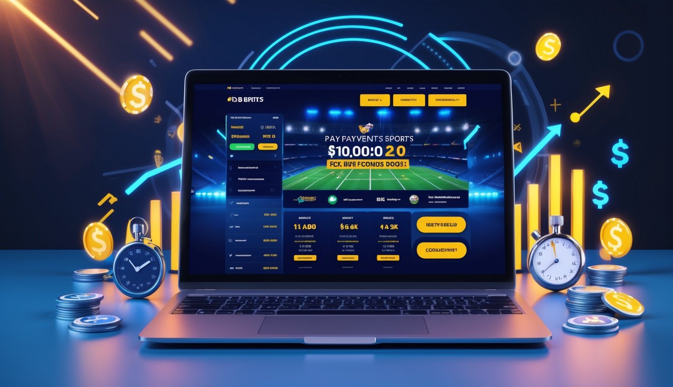 Seseorang menggunakan komputer dengan tampilan situs taruhan olahraga online, di sekitar terdapat simbol pembayaran cepat dan grafik peningkatan bonus.