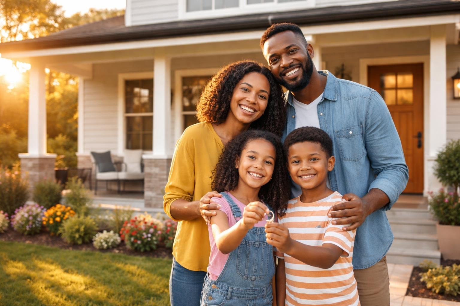 A happy family of four standing outside their well-kept modern home with a green lawn and flowers, smiling and holding house keys.