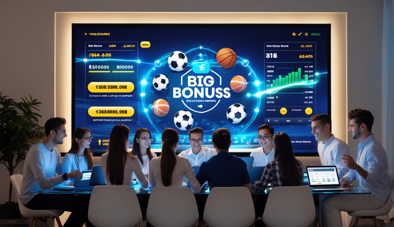 Sekelompok orang muda menggunakan perangkat digital untuk memasang taruhan olahraga online dengan grafik dan angka taruhan yang terlihat di layar besar.