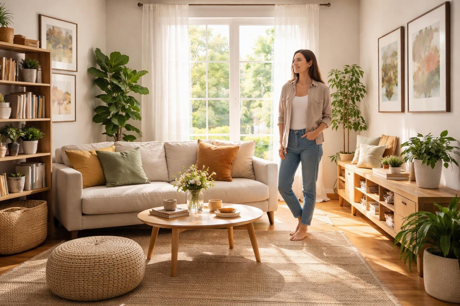 A person standing in a bright, tidy living room, smiling and looking around their home with contentment.
