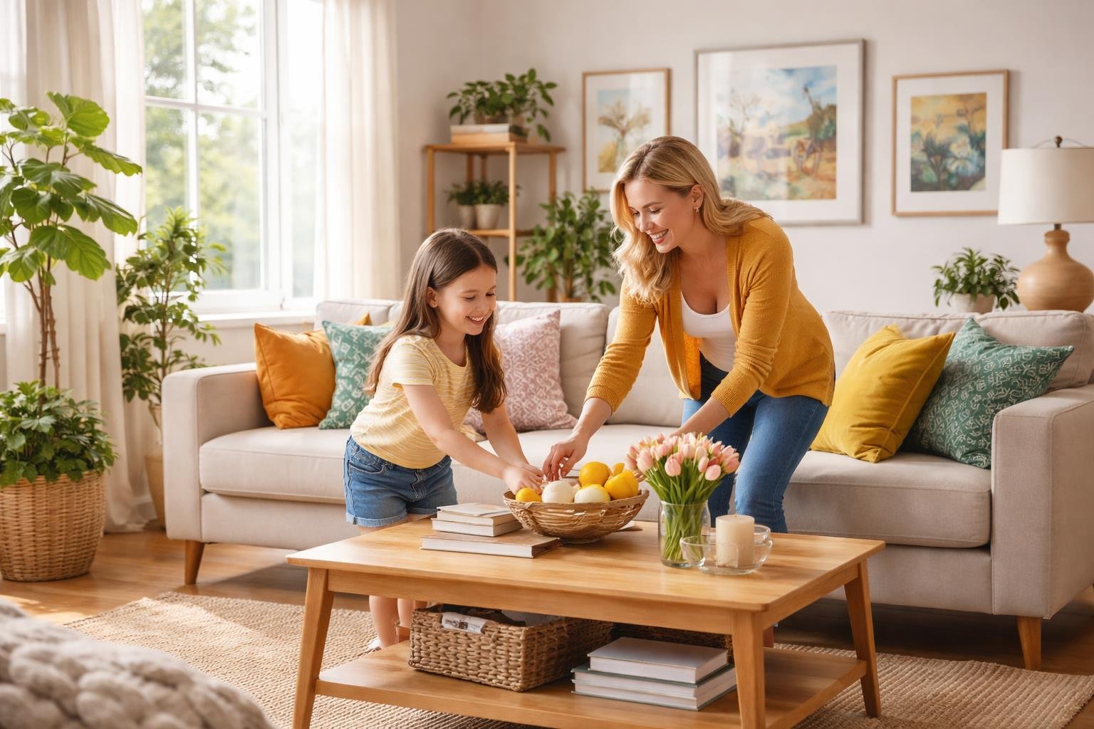 A bright living room with a smiling parent and child arranging decorations, surrounded by cozy furniture, plants, and sunlight.
