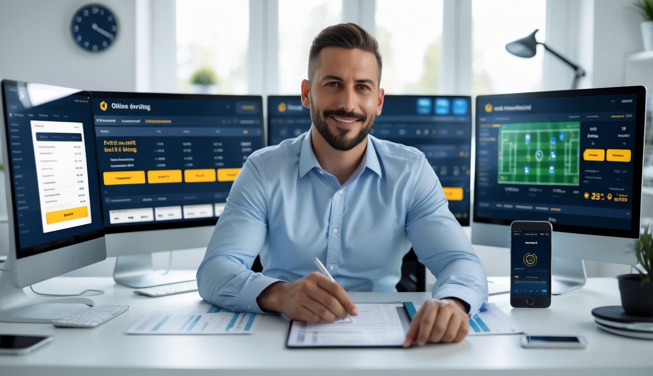 Seorang pria duduk di meja dengan beberapa layar komputer yang menampilkan platform taruhan bola online dan statistik pertandingan sepak bola.