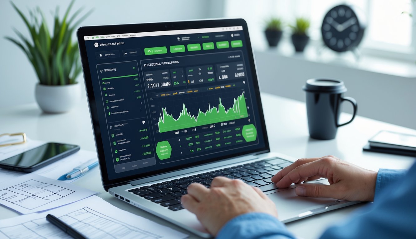 Seseorang menggunakan laptop dan smartphone di meja kerja dengan tampilan platform taruhan bola online di layar.