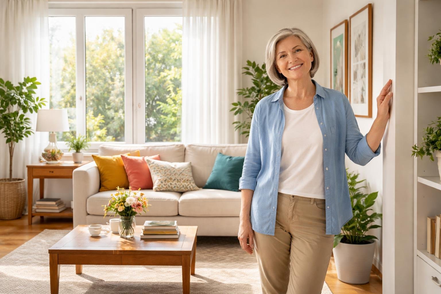 A middle-aged person standing in a bright living room, smiling and looking proud while touching a piece of furniture.