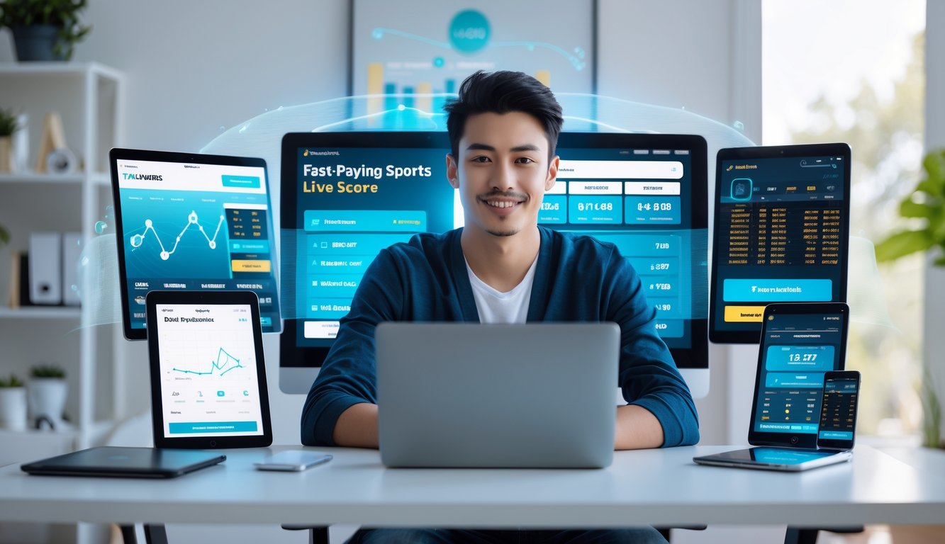 Seorang pria muda duduk di meja modern dengan beberapa perangkat digital yang menampilkan taruhan olahraga dan skor langsung, di ruangan kantor rumah yang terang dan rapi.