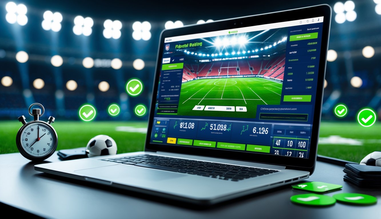 Seorang pengguna bekerja di depan laptop dengan tampilan situs taruhan bola online cepat bayar, dikelilingi ikon pembayaran dan elemen yang menunjukkan kecepatan dan keandalan.