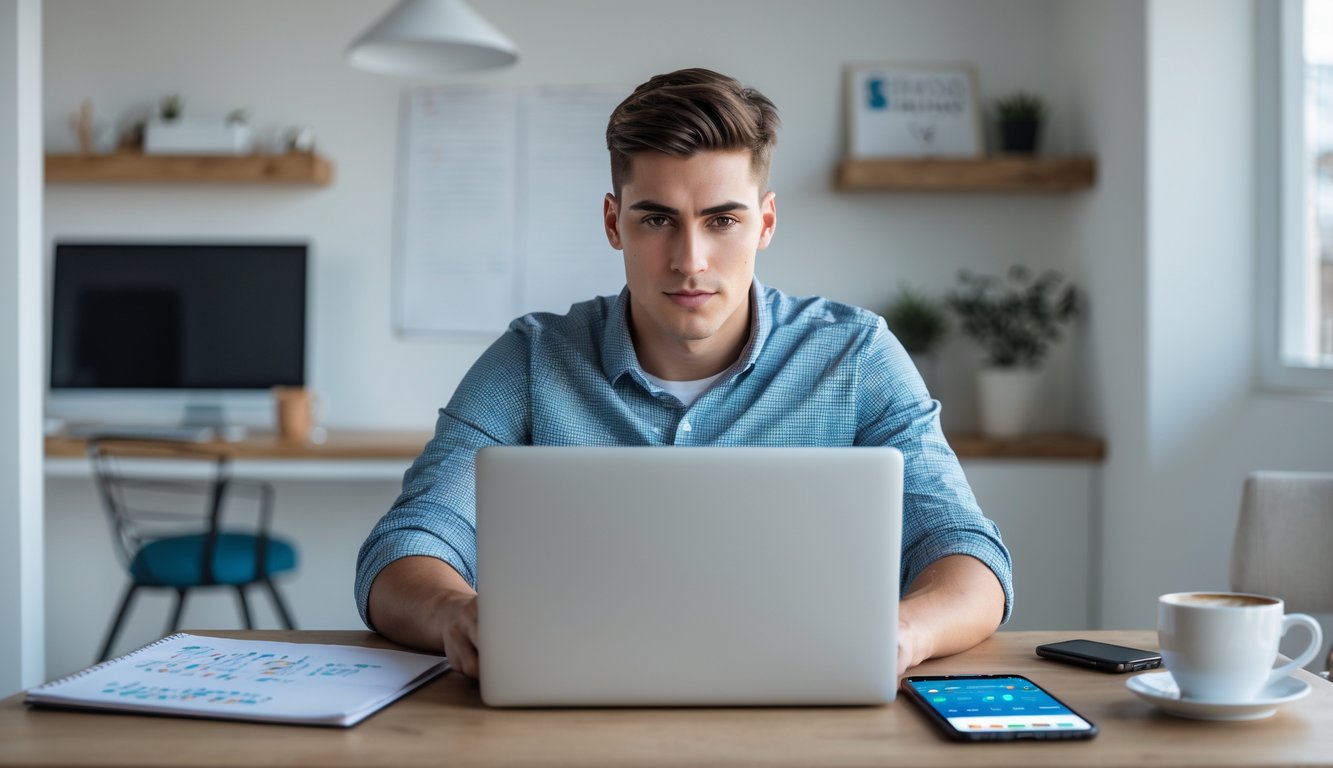 Seorang pria muda duduk di meja dengan laptop terbuka, terlihat fokus bermain taruhan bola online di ruang kerja modern.