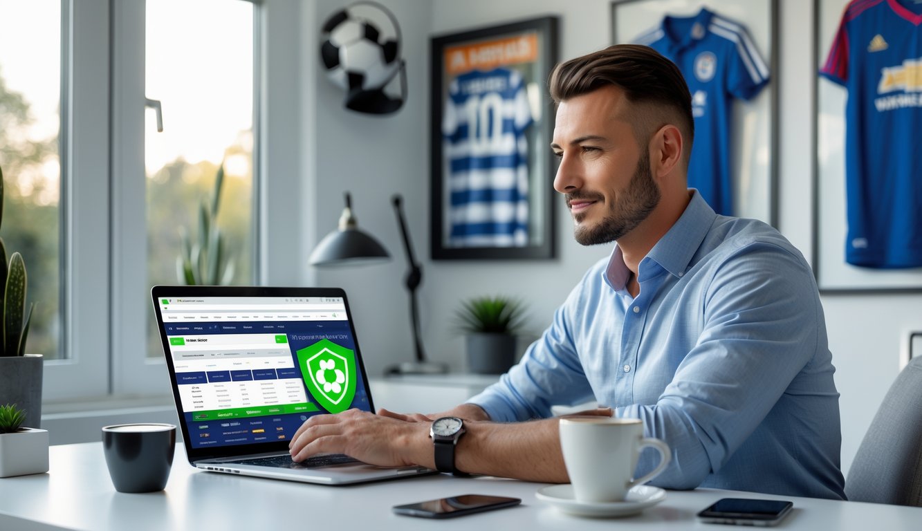 Seorang pria duduk di meja dengan laptop, sedang menggunakan situs taruhan bola online di ruang kerja yang terang dan rapi.