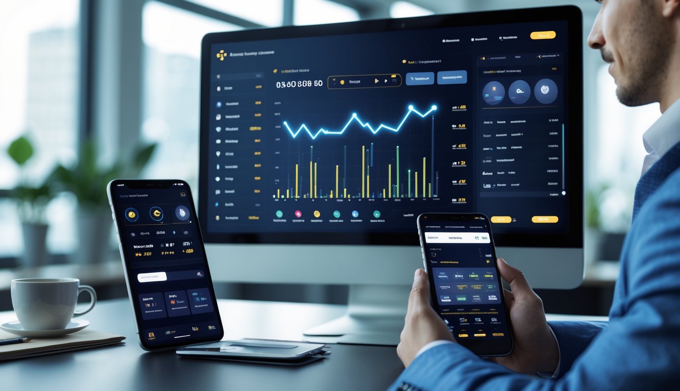 Seorang pria muda sedang menggunakan komputer dan ponsel untuk mengakses platform taruhan online dengan tampilan antarmuka modern di ruang kantor.