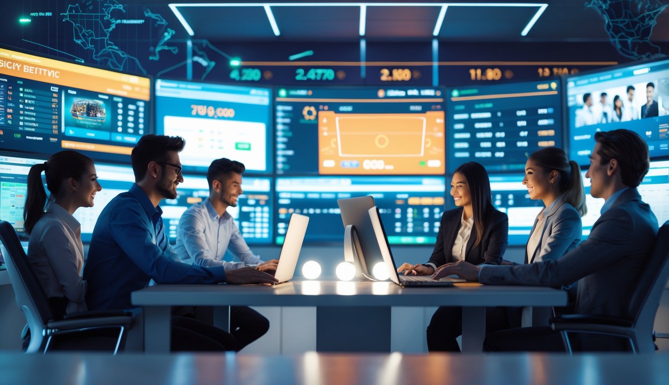 Sekelompok profesional muda bekerja bersama di kantor modern dengan layar digital menampilkan acara olahraga langsung dan transaksi pembayaran.