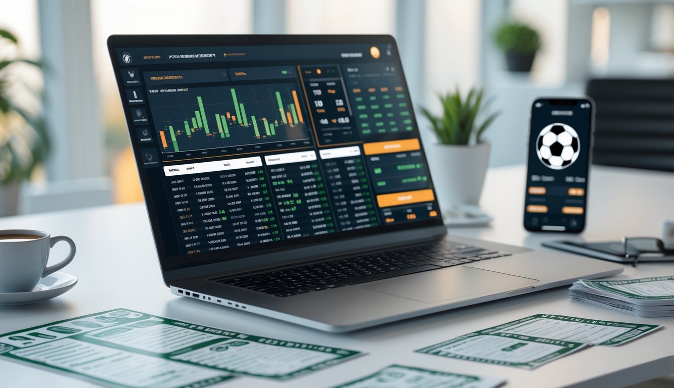 Meja kerja dengan laptop yang menampilkan statistik taruhan bola online, smartphone dengan pembaruan pertandingan, dan suasana kantor yang terang dan rapi.