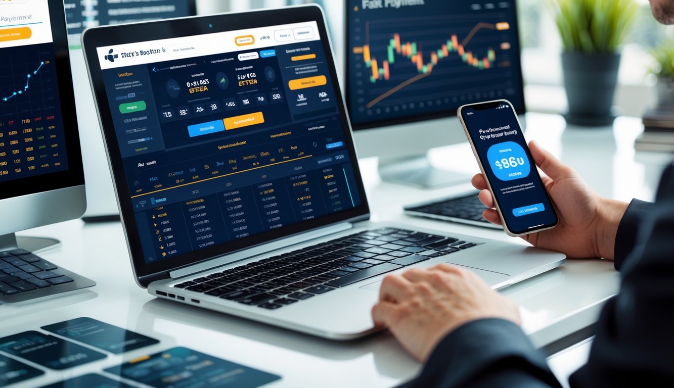 Seorang pria menggunakan laptop dan ponsel di meja kerja dengan layar menampilkan antarmuka taruhan olahraga dan notifikasi pembayaran cepat.