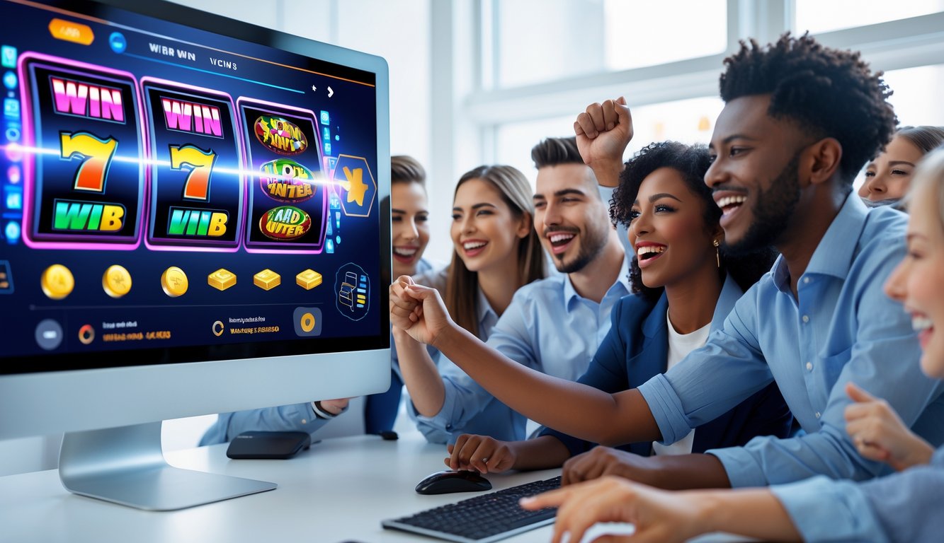 Orang-orang muda yang sedang bermain dan merayakan kemenangan di platform permainan slot online di depan layar komputer.