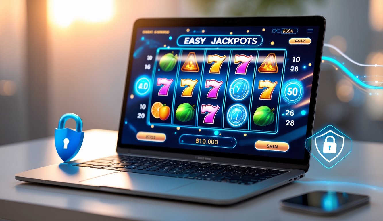 Layar laptop yang menampilkan permainan slot online dengan simbol buah dan jackpot, dikelilingi ikon keamanan di atas meja bersih.