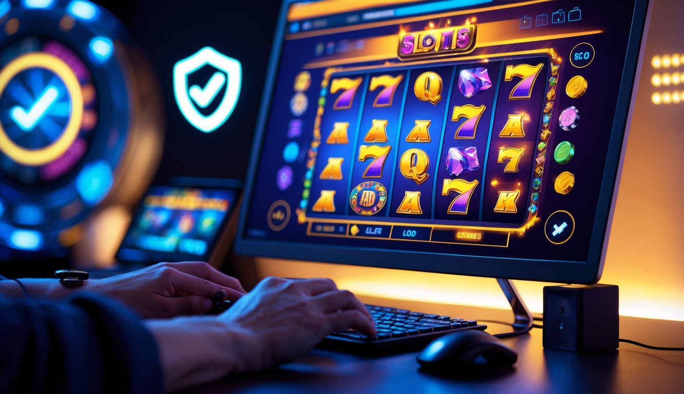 Seseorang sedang bermain permainan slot online di komputer dengan tampilan grafis warna-warni dan koin yang jatuh, di ruang kerja yang modern dan terang.