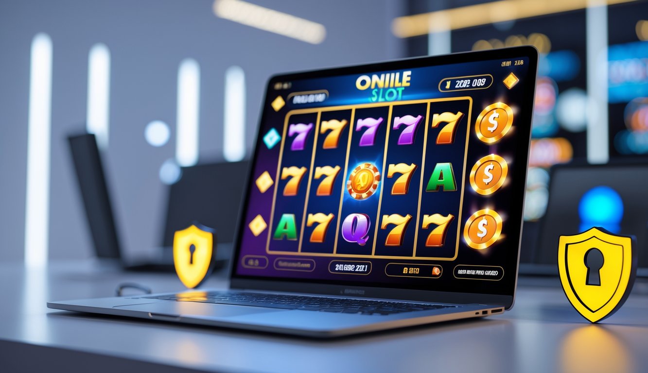 Seorang pengguna sedang bermain mesin slot online di komputer dengan latar ruang kerja yang rapi dan pencahayaan hangat.