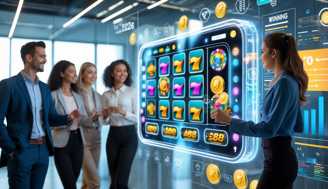 Sekelompok orang muda menggunakan layar sentuh digital dengan ikon mesin slot berwarna cerah di ruang kantor modern.