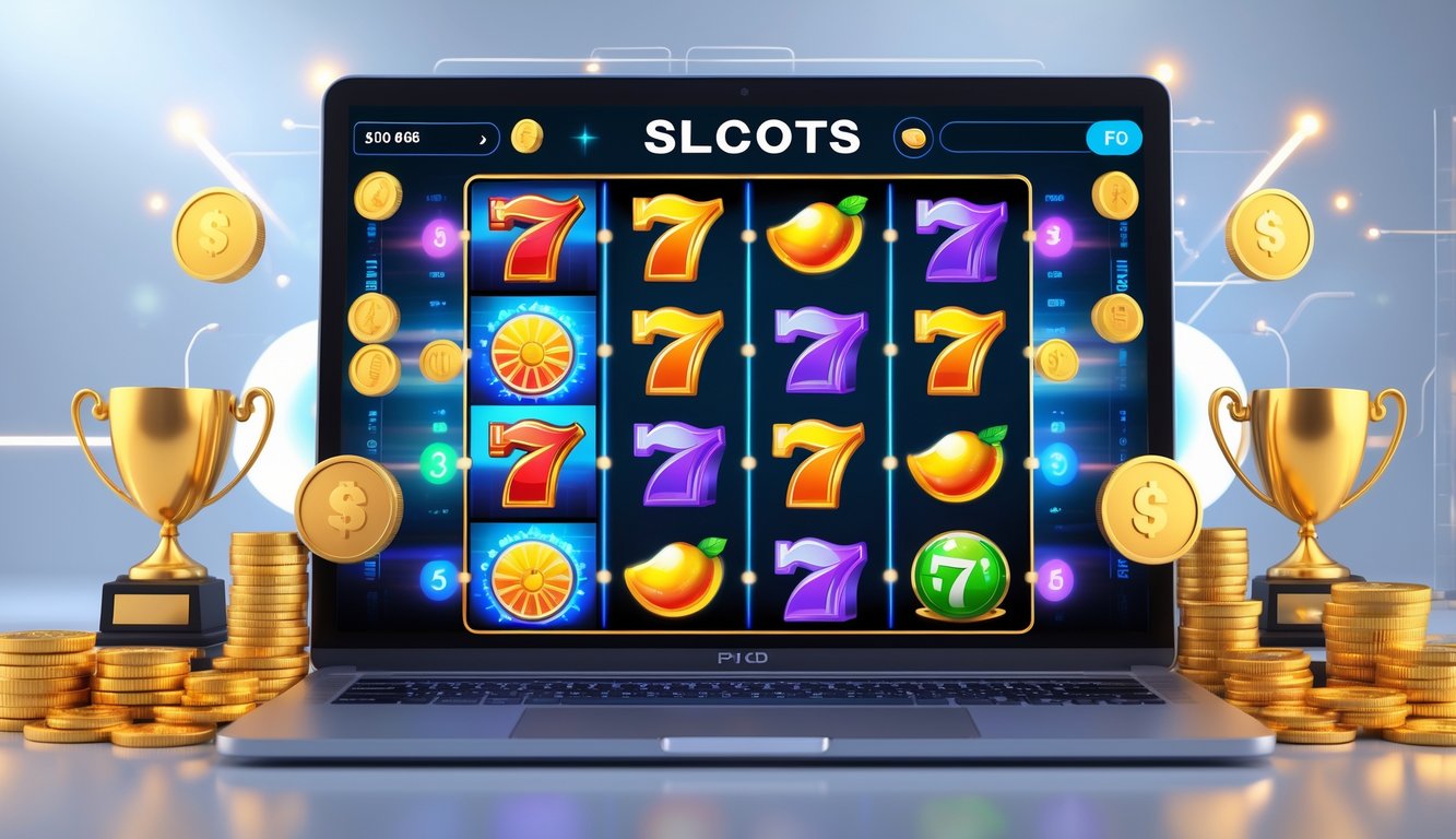 Sebuah komputer menampilkan permainan slot online dengan koin emas dan piala di sekitarnya, menggambarkan suasana kemenangan dan kepercayaan.