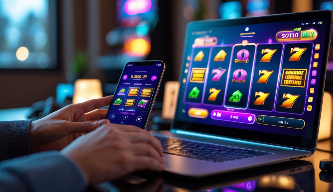 Tangan seseorang menggunakan laptop dan ponsel dengan permainan slot online yang berwarna-warni di ruangan yang terang dan nyaman.