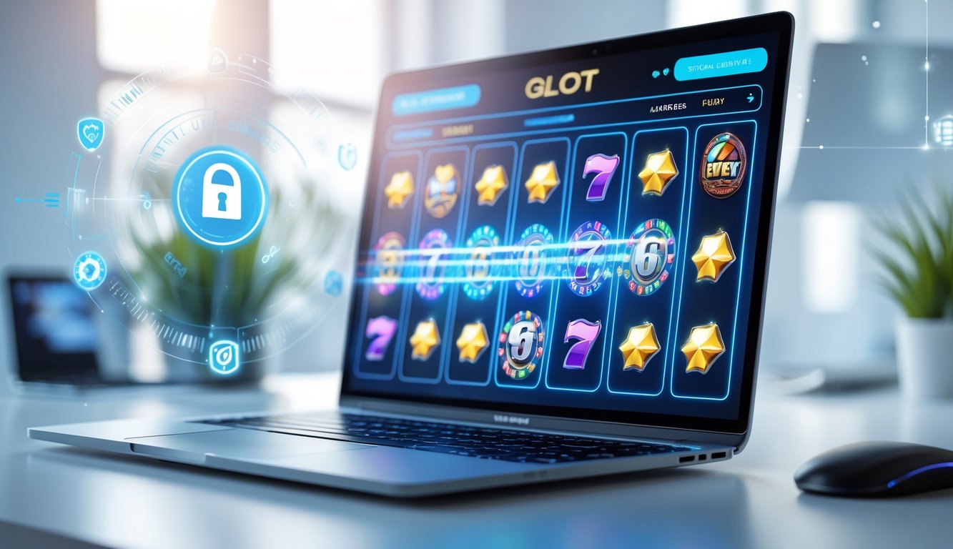 Seorang pengguna sedang bermain permainan slot online di komputer di ruang kerja yang rapi dan terang.