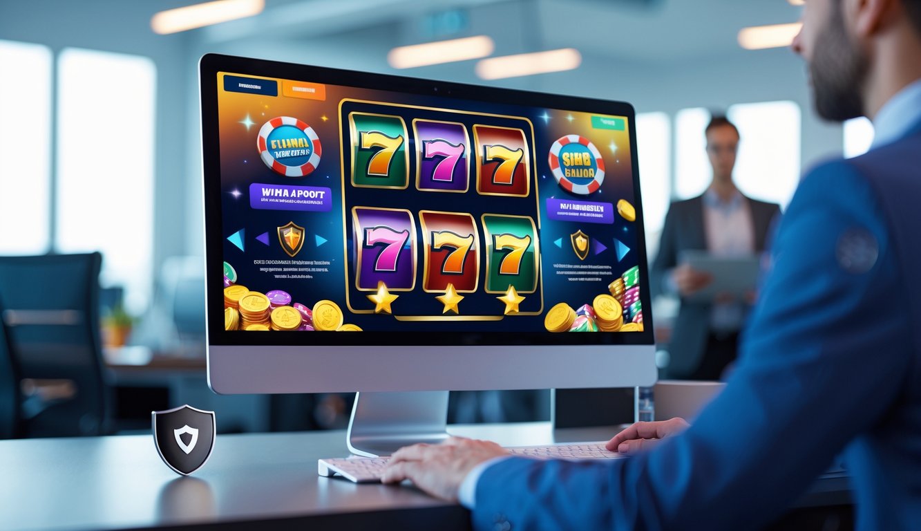 Tampilan layar komputer dengan ikon mesin slot warna-warni di kantor modern yang terang.