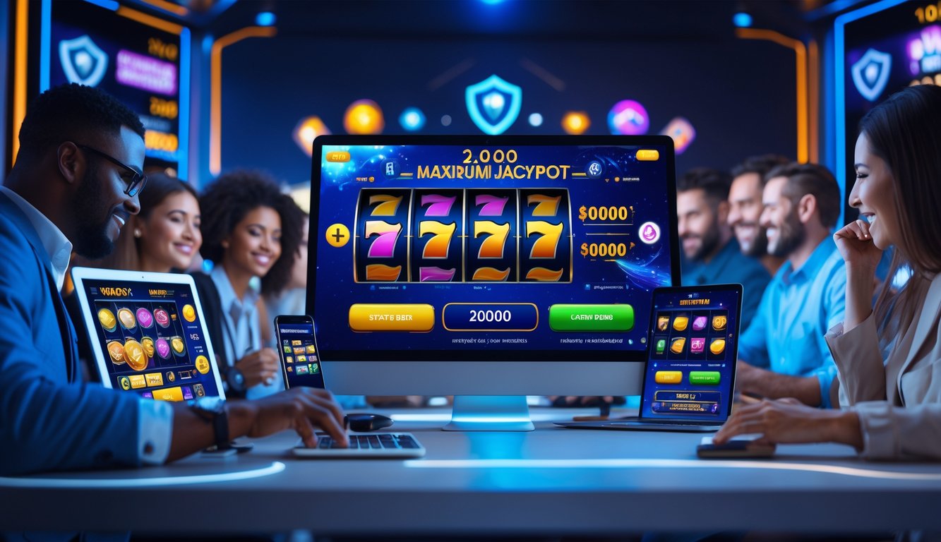 Orang-orang menggunakan perangkat digital untuk bermain permainan slot online dengan latar yang menunjukkan simbol keamanan dan kepercayaan.