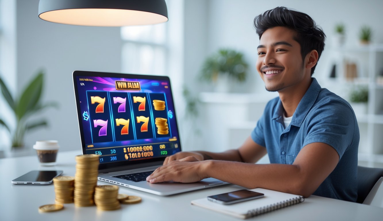 Seorang dewasa muda duduk di meja dengan laptop yang menampilkan permainan slot online, tersenyum dengan tumpukan uang kecil di dekatnya.
