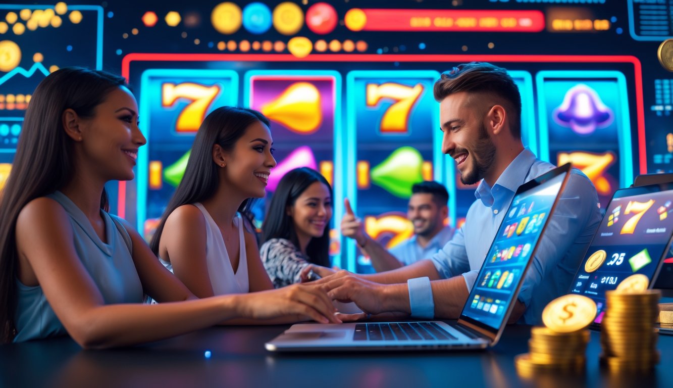 Orang-orang sedang bermain mesin slot online dengan ekspresi antusias di lingkungan kasino digital yang modern.