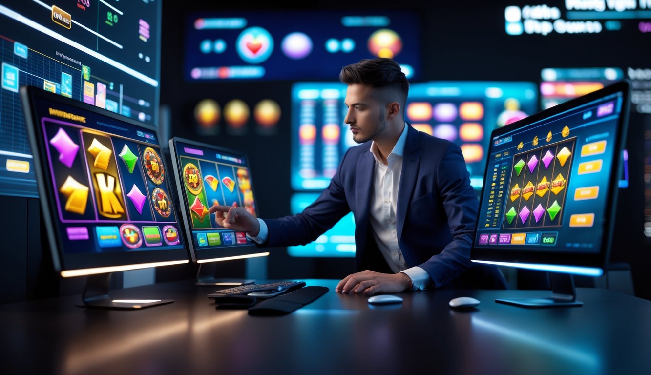 Seseorang sedang menggunakan komputer dengan tampilan permainan slot online yang berwarna-warni di layar, di ruang kerja modern dan terang.