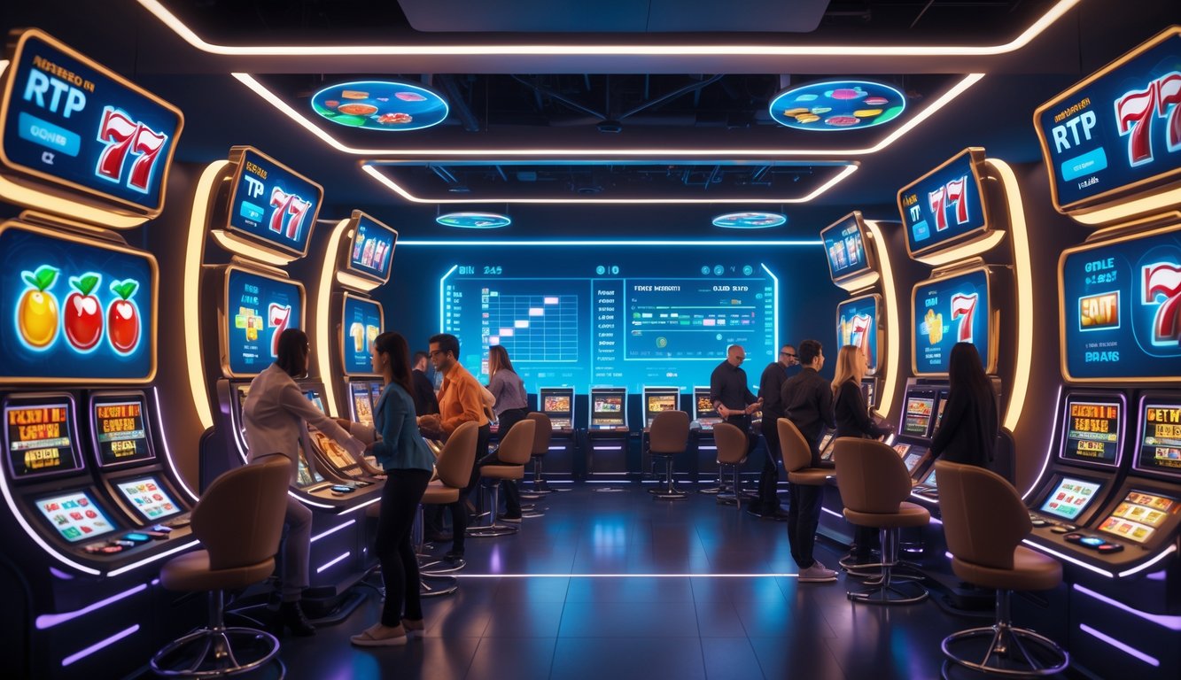 Orang-orang menggunakan mesin slot digital di ruang permainan modern dengan layar berwarna-warni dan grafik permainan slot.