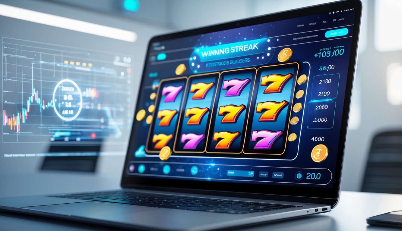 Layar laptop menampilkan permainan slot online dengan simbol warna-warni dan animasi kemenangan di meja kerja modern.