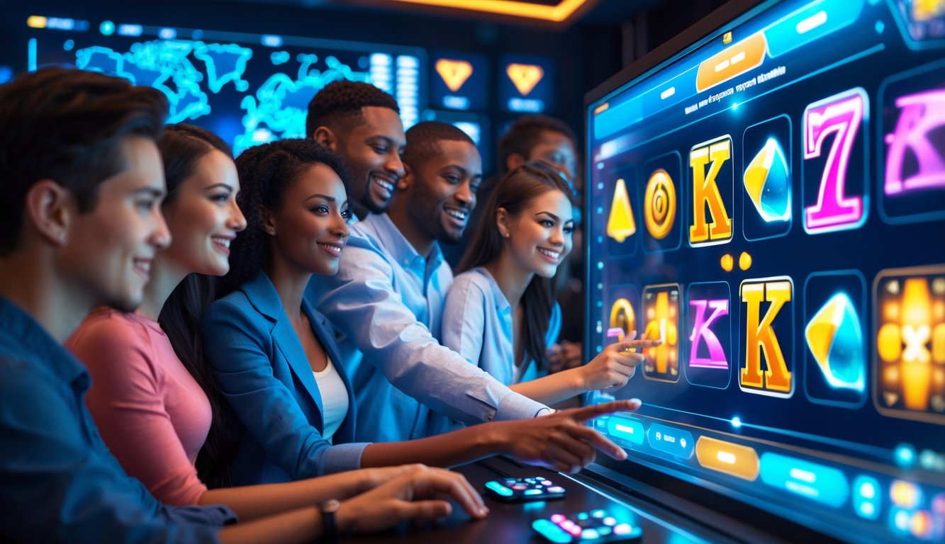 Sekelompok orang muda bermain slot online di ruang gaming modern dengan layar sentuh besar dan tampilan permainan yang berwarna-warni.