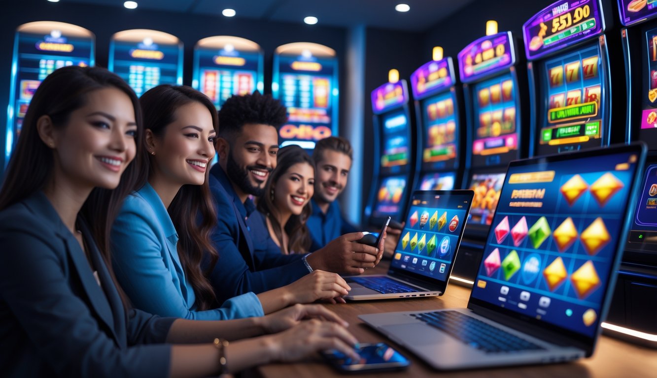 Orang-orang menggunakan laptop dan ponsel dengan tampilan permainan slot yang cerah di ruangan modern.