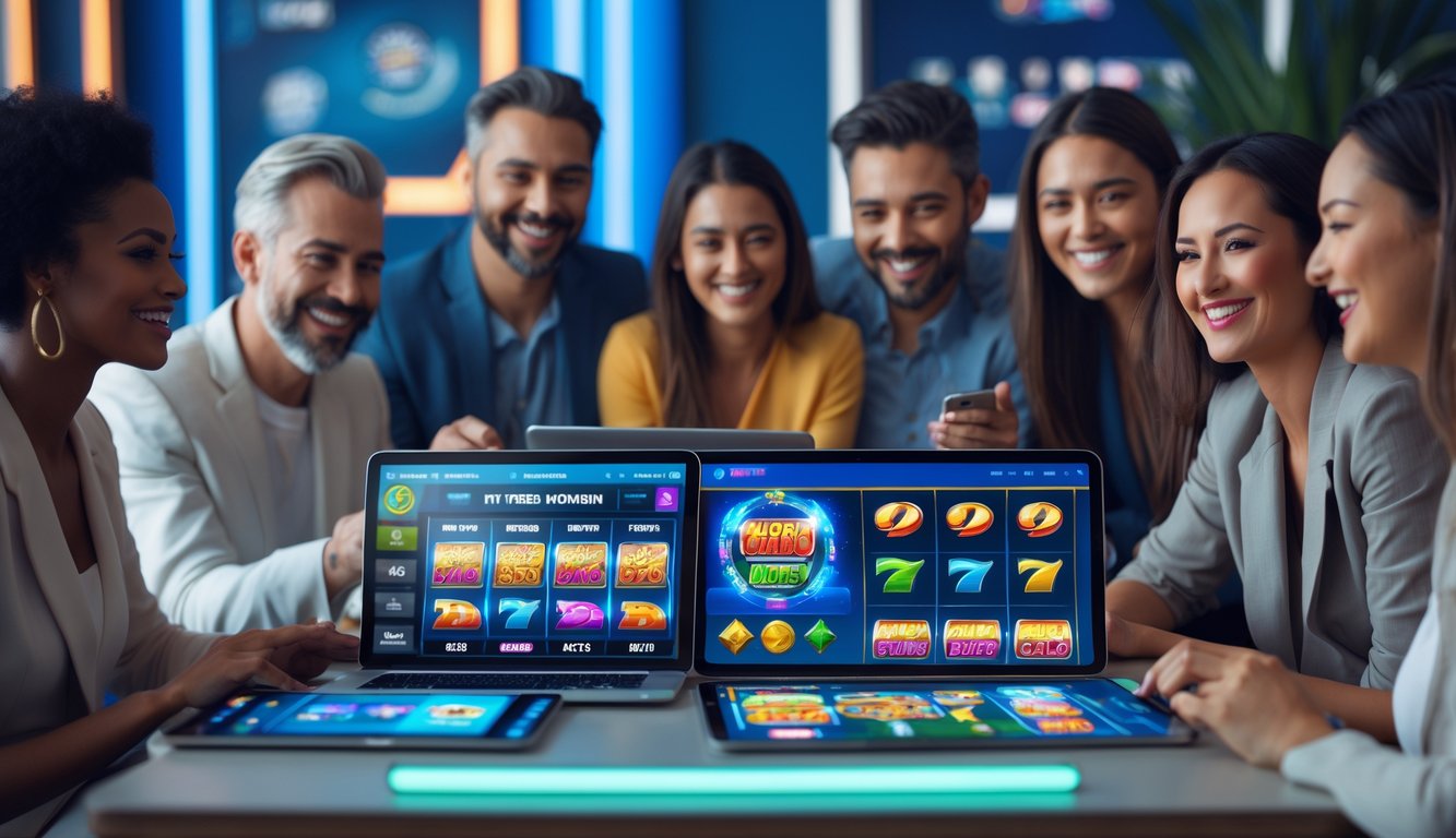 Sekelompok orang dewasa yang bahagia menggunakan perangkat digital untuk bermain permainan slot online di ruangan yang terang dan modern.