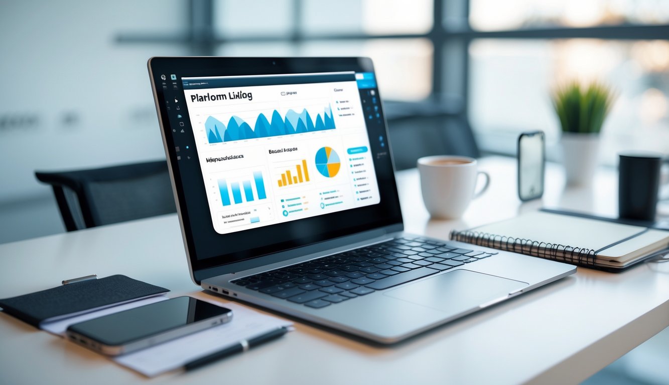 Meja kerja modern dengan laptop terbuka menampilkan antarmuka digital, dikelilingi alat tulis dan cangkir kopi di ruangan kantor yang terang.