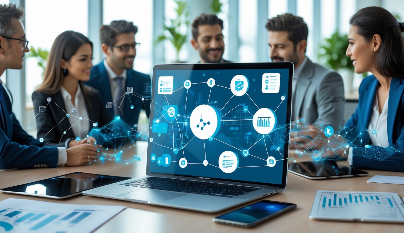 Seorang profesional bekerja di ruang kantor modern dengan laptop dan perangkat digital, dikelilingi oleh rekan kerja yang berdiskusi.